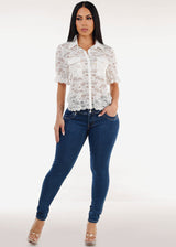 Lace Short Sleeve Button Up Collared Blouse White