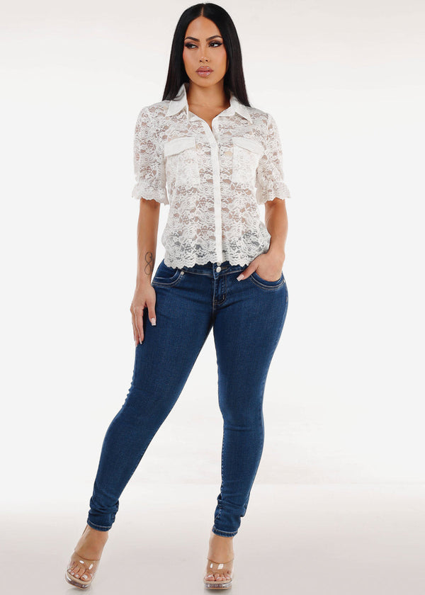 Lace Short Sleeve Button Up Collared Blouse White