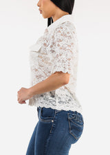 Lace Short Sleeve Button Up Collared Blouse White