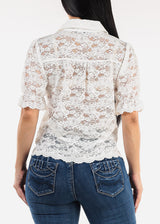 Lace Short Sleeve Button Up Collared Blouse White