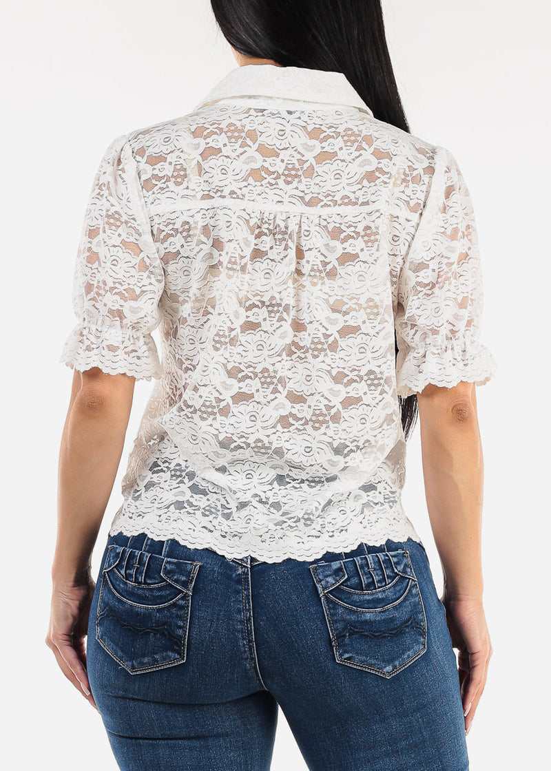 Lace Short Sleeve Button Up Collared Blouse White