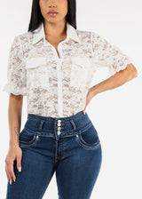 Lace Short Sleeve Button Up Collared Blouse White