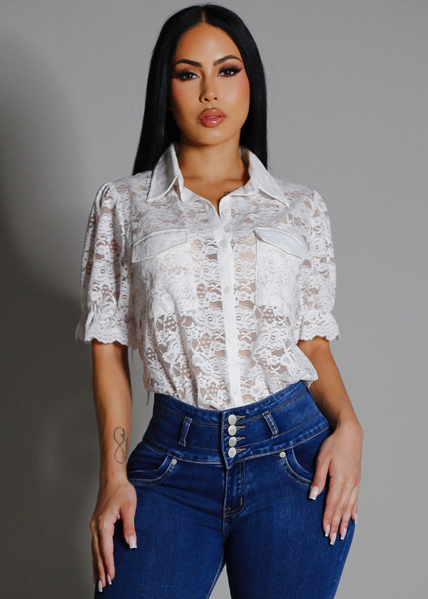 Lace Short Sleeve Button Up Collared Blouse White