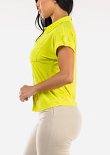 Short Sleeve Button Up Stretch Collared Blouse Lime