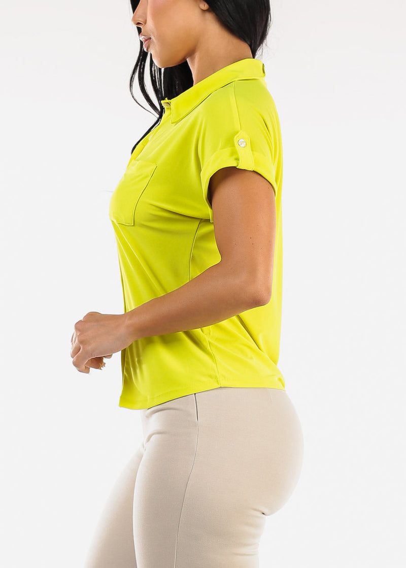 Short Sleeve Button Up Stretch Collared Blouse Lime