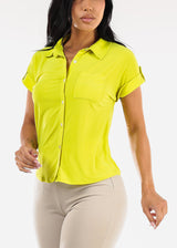Short Sleeve Button Up Stretch Collared Blouse Lime