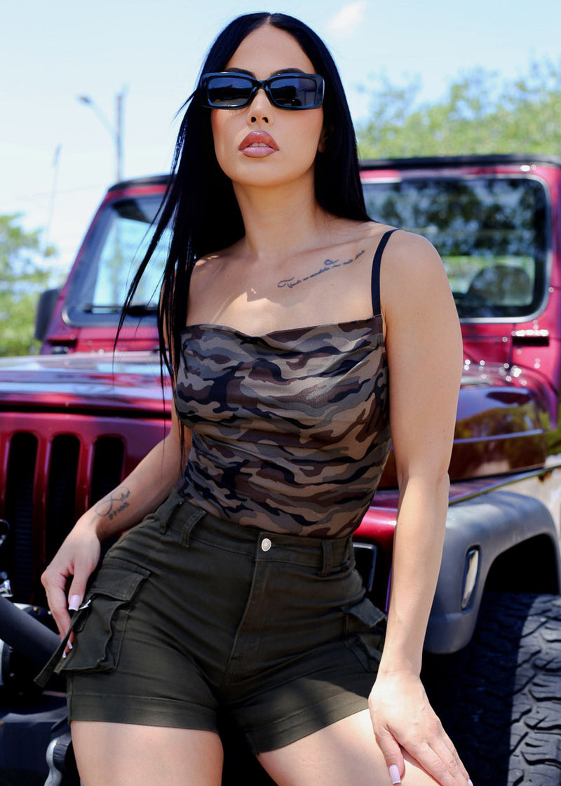 Stretchy Sleeveless Camo Thong Bodysuit