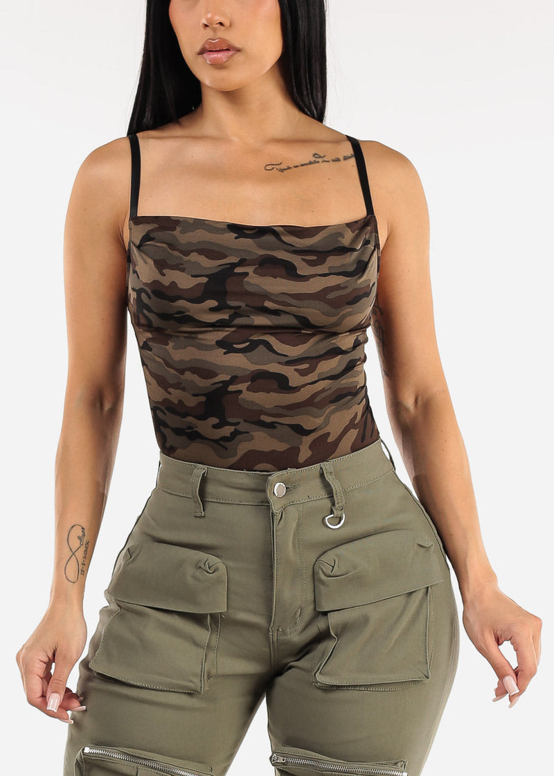 Stretchy Sleeveless Camo Thong Bodysuit