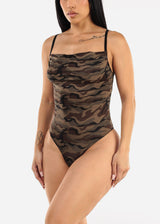 Stretchy Sleeveless Camo Thong Bodysuit