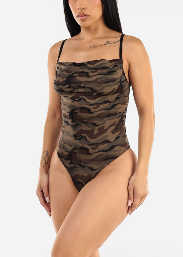 Stretchy Sleeveless Camo Thong Bodysuit
