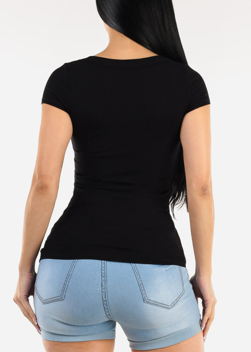 Short Sleeve Round Neck Stretch Ribbed Top Black