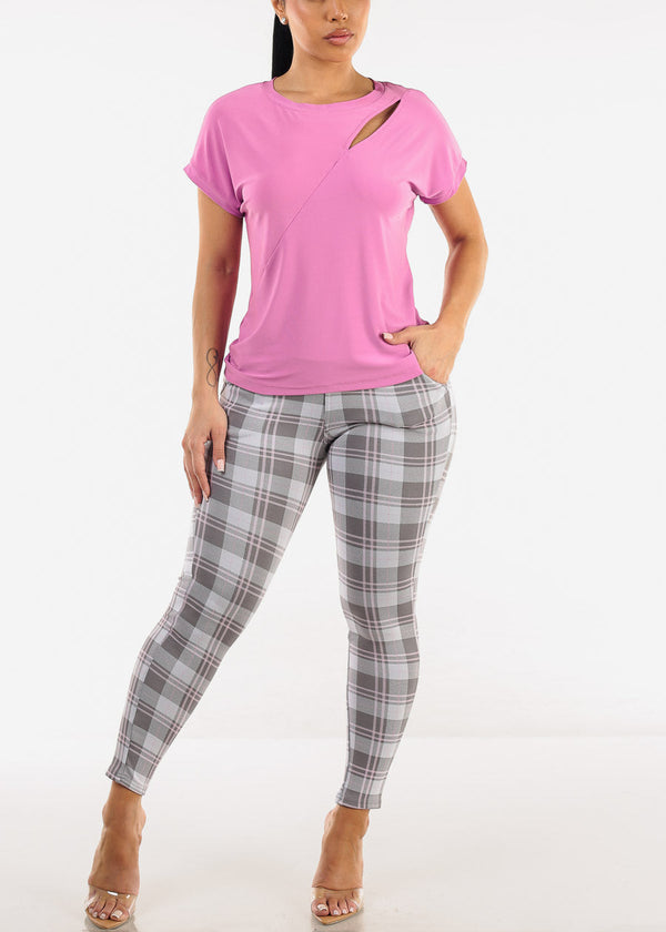 Short Sleeve Round Neck Stretchy Blouse Orchid
