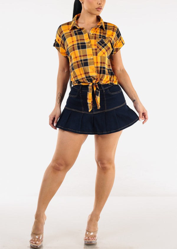 Short Sleeve Button Up Tie Front Plaid Top Mustard & Navy
