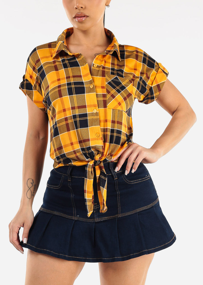 Short Sleeve Button Up Tie Front Plaid Top Mustard & Navy