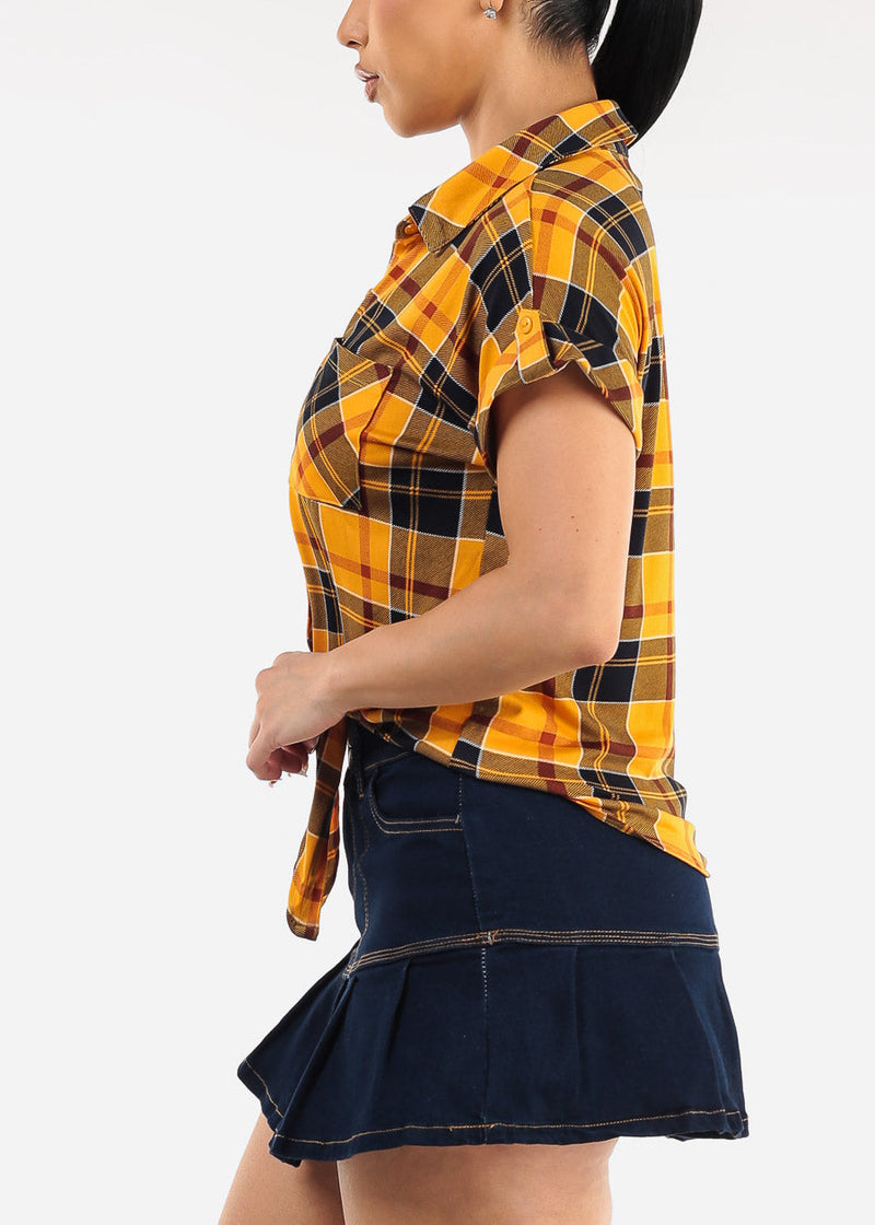 Short Sleeve Button Up Tie Front Plaid Top Mustard & Navy