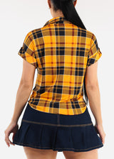Short Sleeve Button Up Tie Front Plaid Top Mustard & Navy