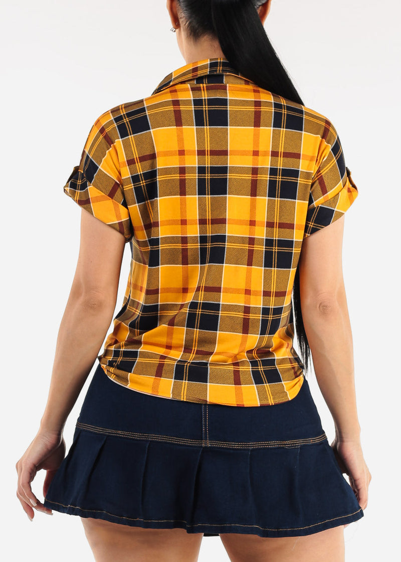 Short Sleeve Button Up Tie Front Plaid Top Mustard & Navy