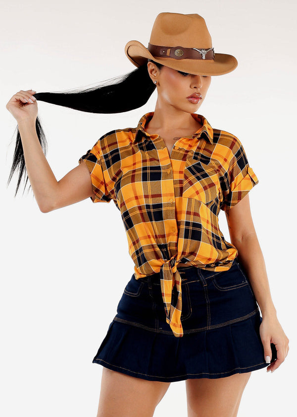 Short Sleeve Button Up Tie Front Plaid Top Mustard & Navy