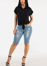 Short Sleeve Button Down Tie Front Blouse Black
