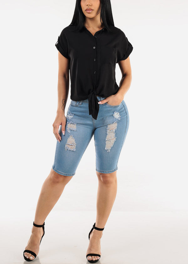 Short Sleeve Button Down Tie Front Blouse Black