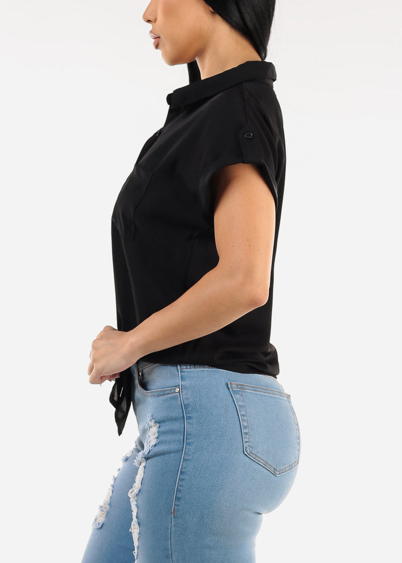 Short Sleeve Button Down Tie Front Blouse Black