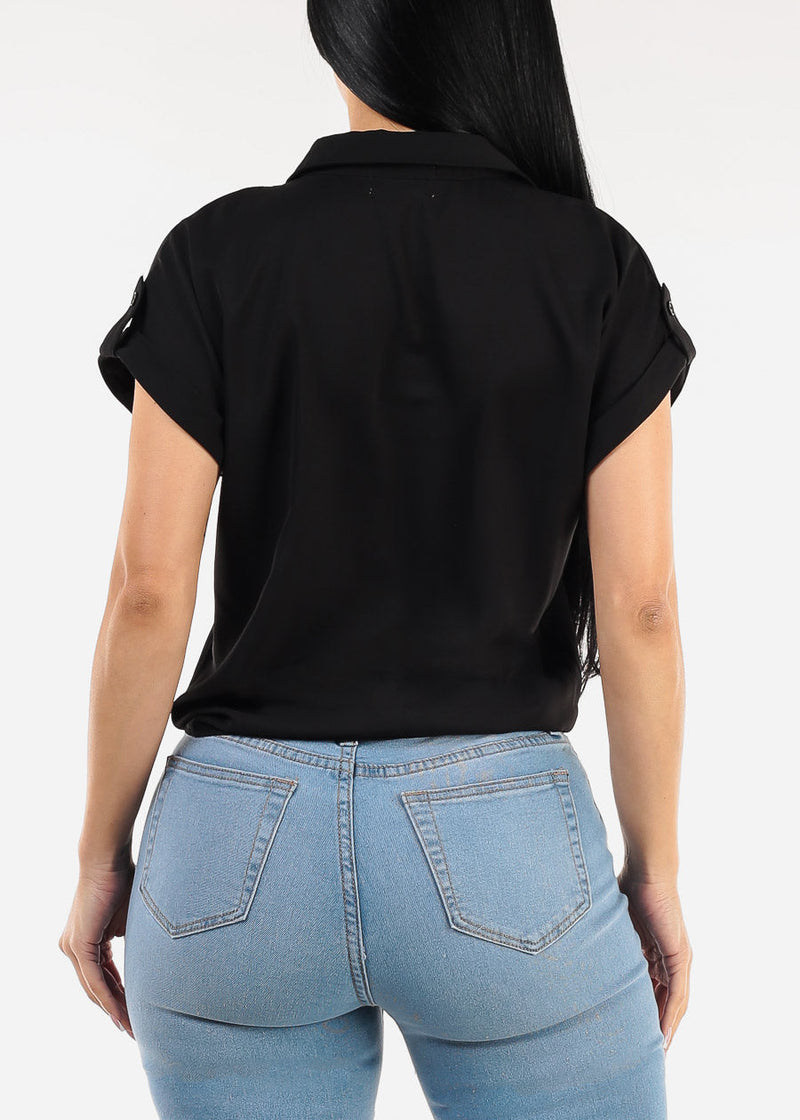 Short Sleeve Button Down Tie Front Blouse Black