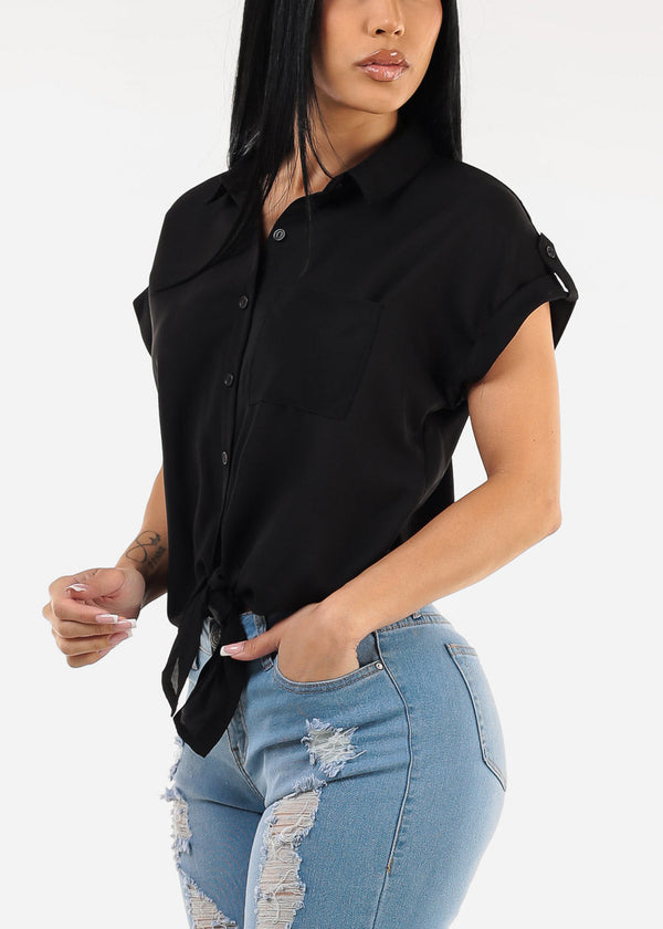Short Sleeve Button Down Tie Front Blouse Black