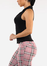 Stretchy Ruched Sleeveless Collared Blouse Black