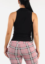 Stretchy Ruched Sleeveless Collared Blouse Black
