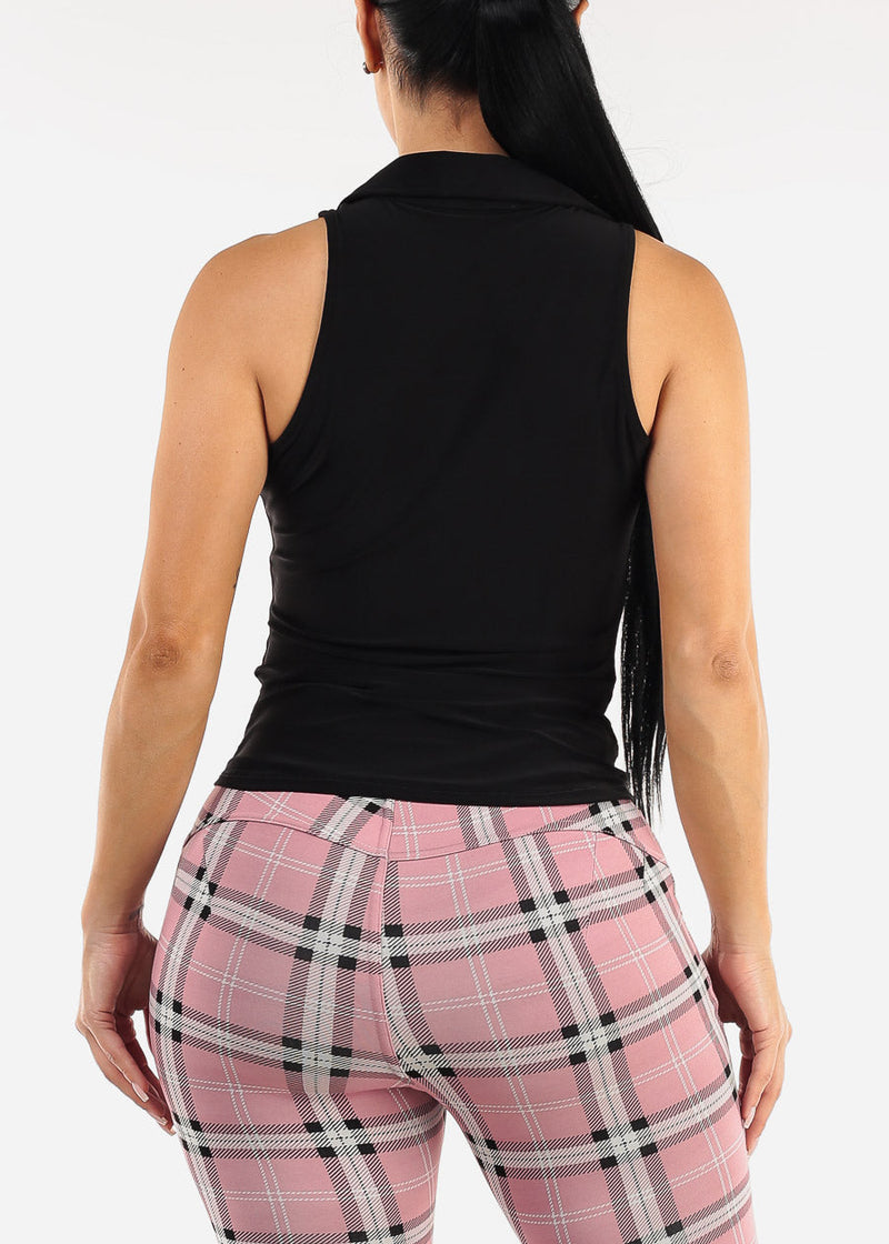 Stretchy Ruched Sleeveless Collared Blouse Black