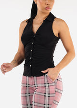 Stretchy Ruched Sleeveless Collared Blouse Black