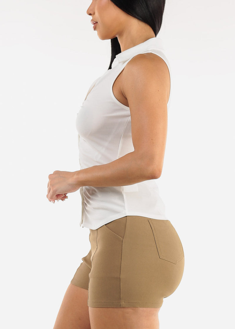 Ruched Sleeveless Collared Blouse White