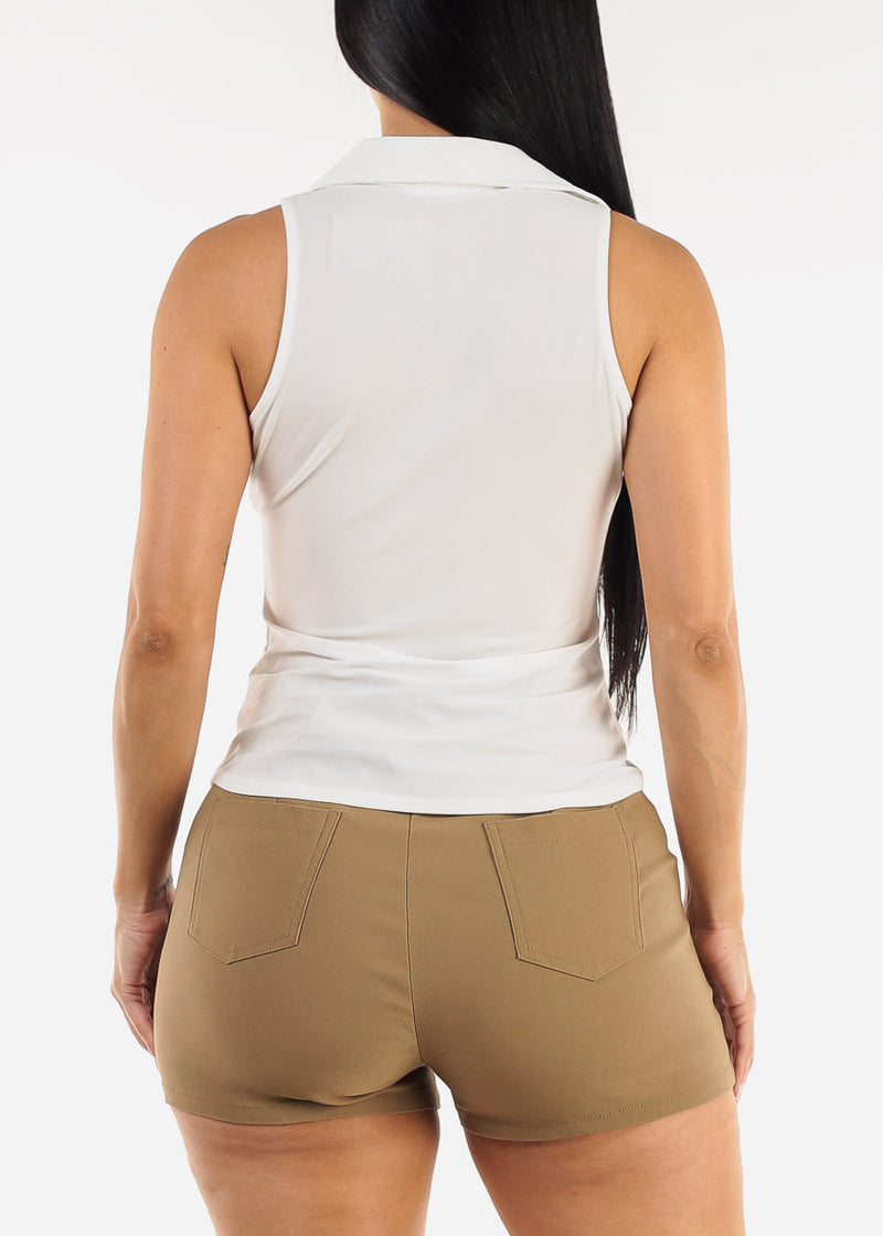 Ruched Sleeveless Collared Blouse White