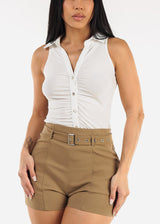 Ruched Sleeveless Collared Blouse White