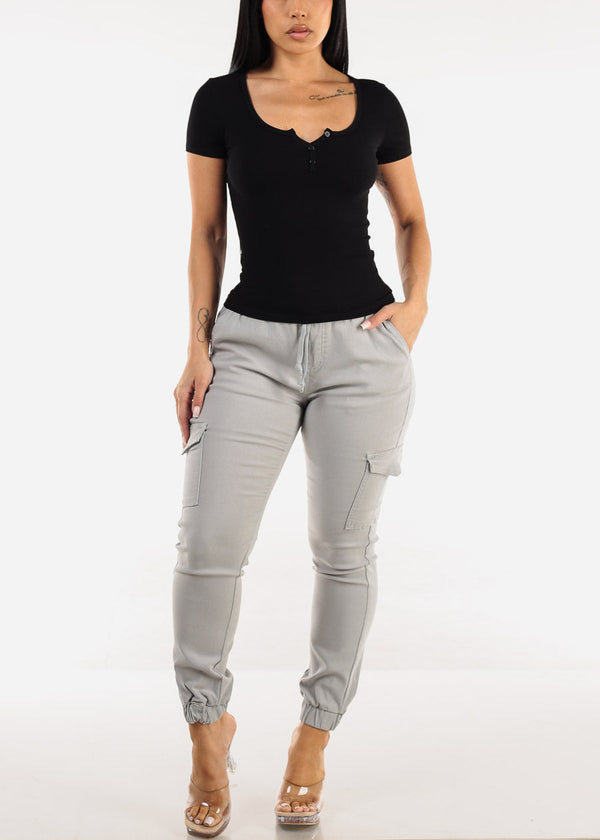 Stretchy Short Sleeve Vneck Ribbed Tee Black