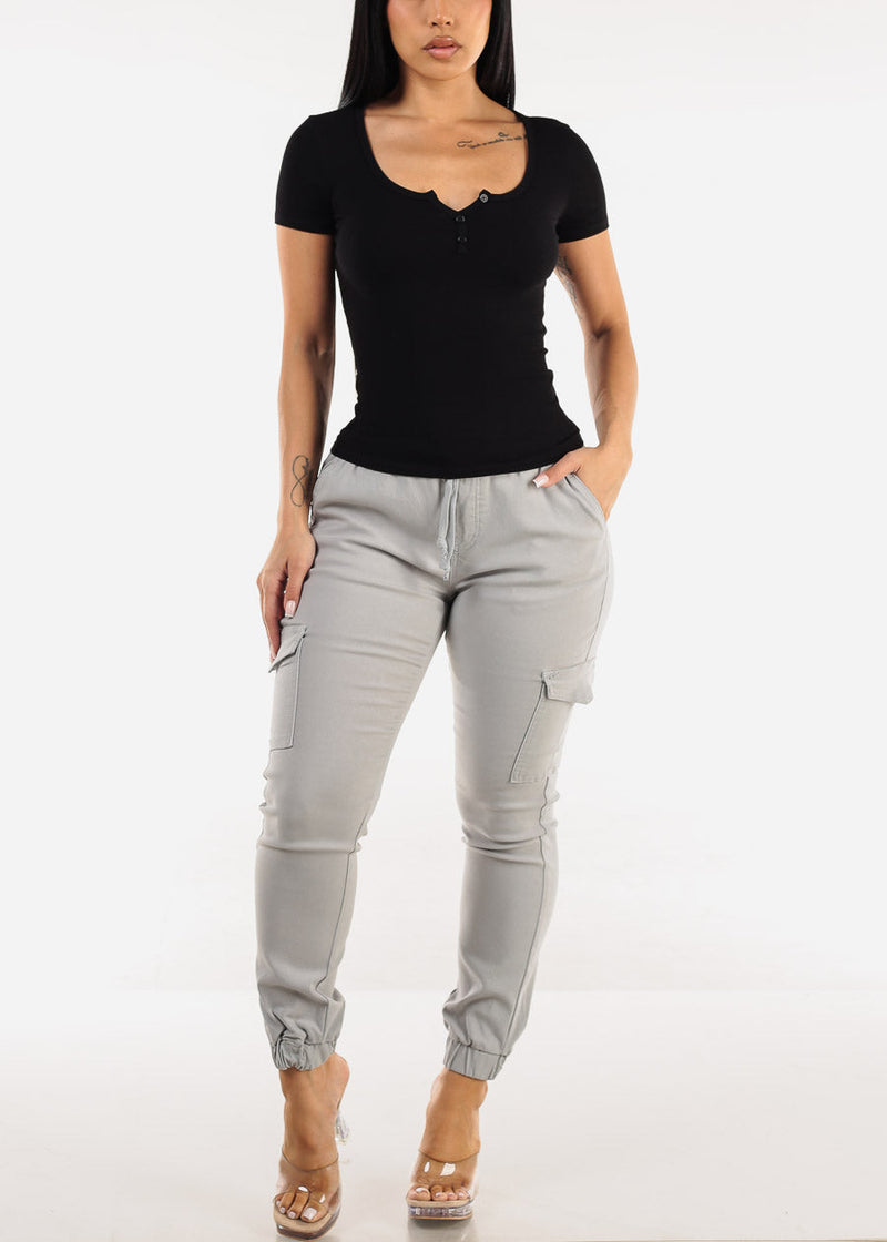 Stretchy Short Sleeve Vneck Ribbed Tee Black