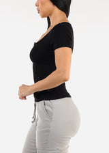 Stretchy Short Sleeve Vneck Ribbed Tee Black