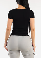 Stretchy Short Sleeve Vneck Ribbed Tee Black