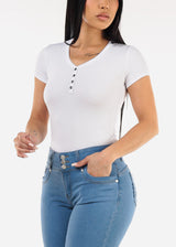 Stretchy Short Sleeve Ribbed Top White