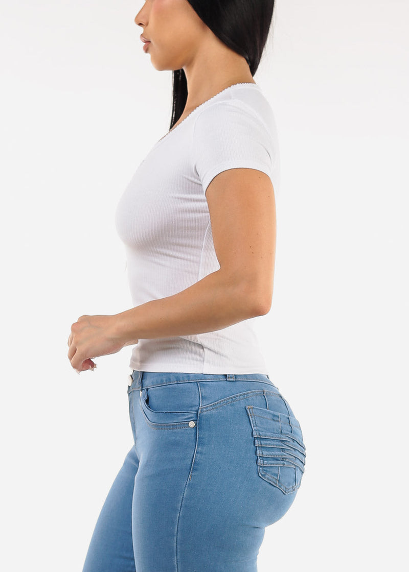 Stretchy Short Sleeve Ribbed Top White