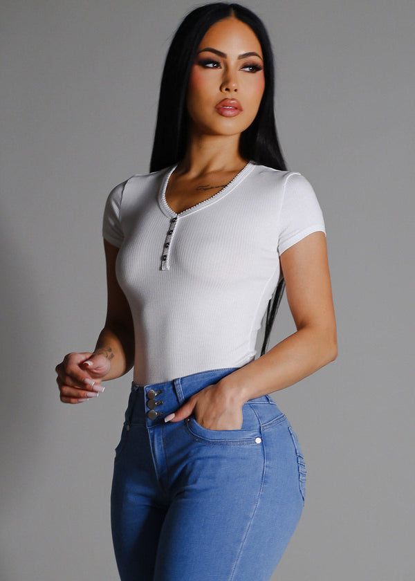 Stretchy Short Sleeve Ribbed Top White