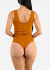 Sleeveless Vneck Ribbed Thong Bodysuit Camel
