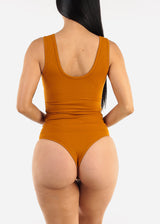 Sleeveless Vneck Ribbed Thong Bodysuit Camel