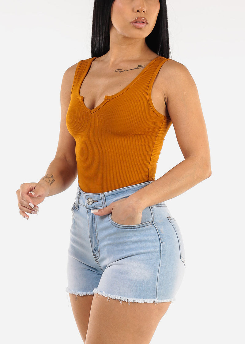Sleeveless Vneck Ribbed Thong Bodysuit Camel