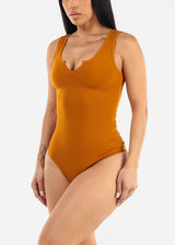 Sleeveless Vneck Ribbed Thong Bodysuit Camel