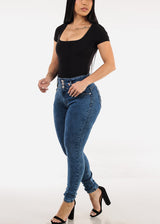 Black Short Sleeve Square Neck Stretch Thong Bodysuit