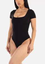 Black Short Sleeve Square Neck Stretch Thong Bodysuit