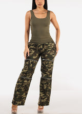 Stretchy Sleeveless Scoop Neck Ribbed Tank Top Olive