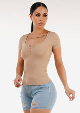 Short Sleeve Vneck Ribbed Tee Nude