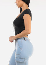 Stretchy Cap Sleeve Square Neck Top Charcoal